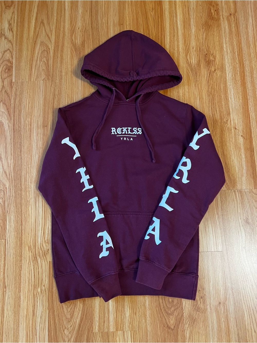 Young & Reckless Maroon Pullover Hoodie with White Sleeve Script